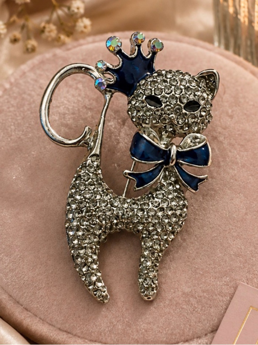 Crystal Cat Brooch with Navy Bow and Crown